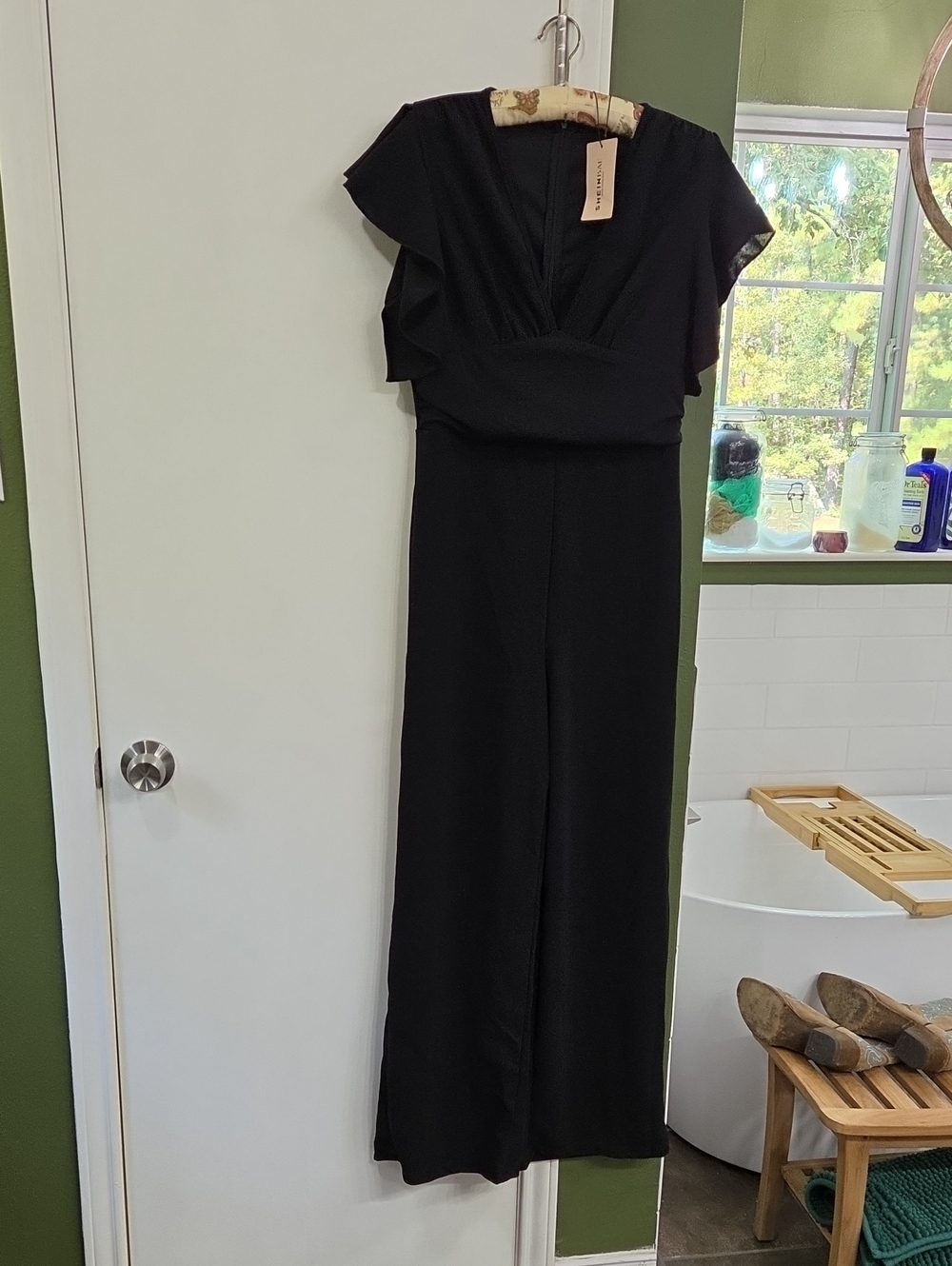 SHEIN Black V-Neck Wide Leg Jumpsuit with Flutter Sleeves